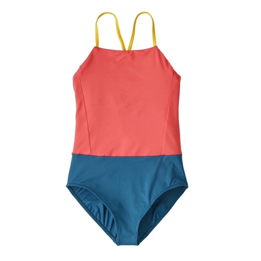 Patagonia Girls XL 14 One Piece Swimsuit Colorblock Pink Blue Yellow Cross Back